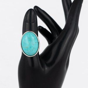 Turquoise Stone Adjustable Ring Silver Tone Oval Large Cocktail Southwestern